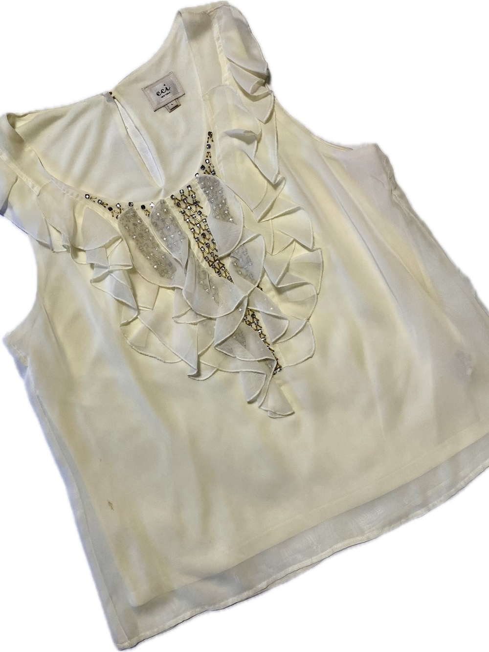 ECI Cream Ruffle Sleeveless Camisole with Beaded Front